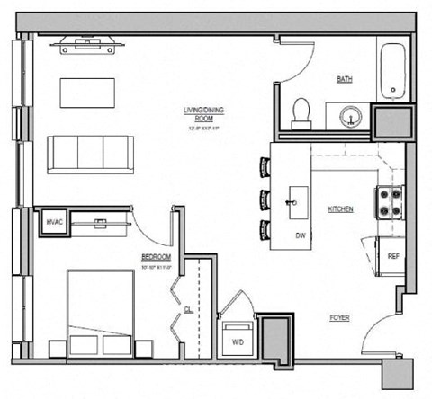 Floor plan for 1 bed, 1 bath, 730 sqft