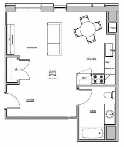 Floor plan for studio, 1 bath, 498 sqft