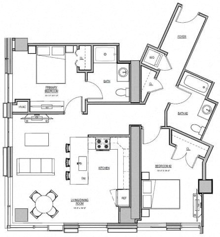 Floor plan for 2 beds, 2 baths, 1096 sqft