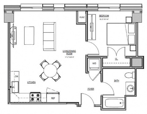 Floor plan for 1 bed, 1 bath, 638 sqft