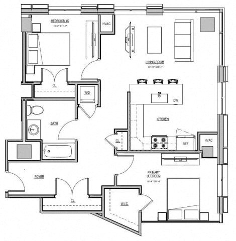 Floor plan for 2 beds, 1 bath, 975 sqft