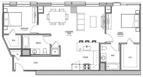 Floor plan for 2 beds, 2 baths, 1175 sqft