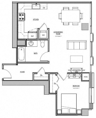 Floor plan for 1 bed, 1 bath, 792 sqft