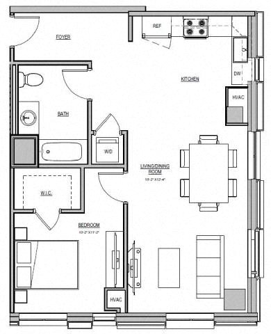 Floor plan for 1 bed, 1 bath, 780 sqft
