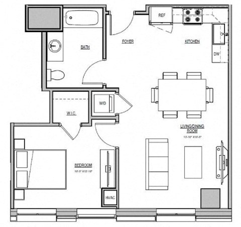Floor plan for 1 bed, 1 bath, 648 sqft