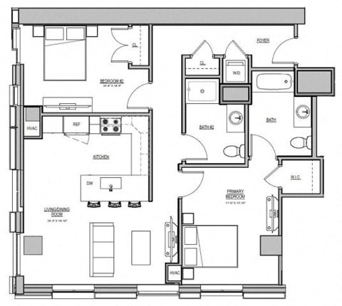 Floor plan for 2 beds, 2 baths, 1070 sqft