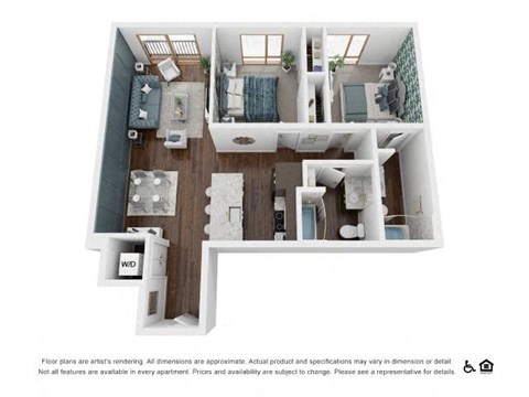 Floor plan for 2 beds, 2 baths, 1099 sqft