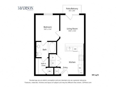 Floor plan for 1 bed, 1 bath, 591 sqft