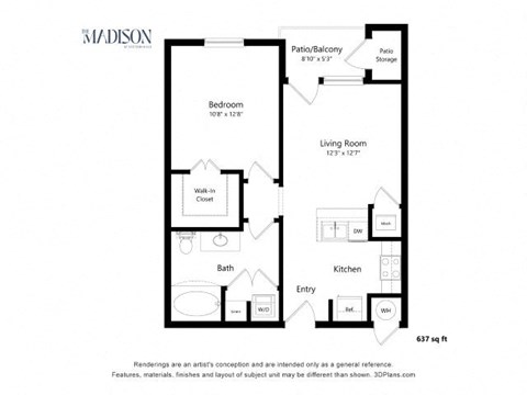 Floor plan for 1 bed, 1 bath, 637 sqft