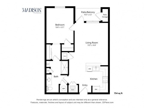 Floor plan for 1 bed, 1 bath, 754 sqft
