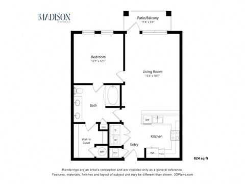 Floor plan for 1 bed, 1 bath, 824 sqft