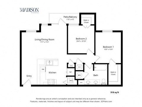 Floor plan for 2 beds, 1 bath, 918 sqft