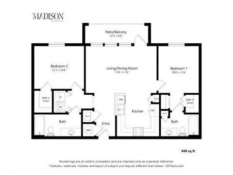 Floor plan for 2 beds, 2 baths, 949 sqft