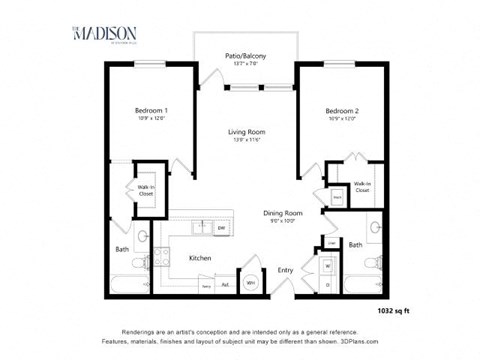 Floor plan for 2 beds, 2 baths, 1032 sqft