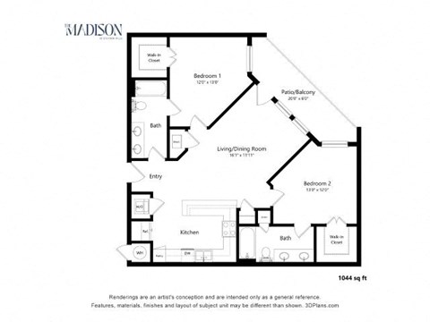 Floor plan for 2 beds, 2 baths, 1044 sqft