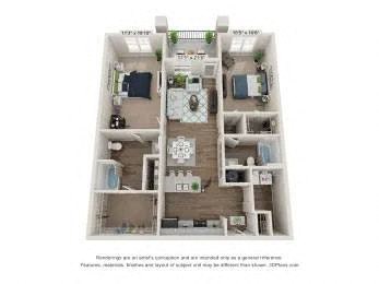Floor plan for 2 beds, 2 baths, 1272 sqft