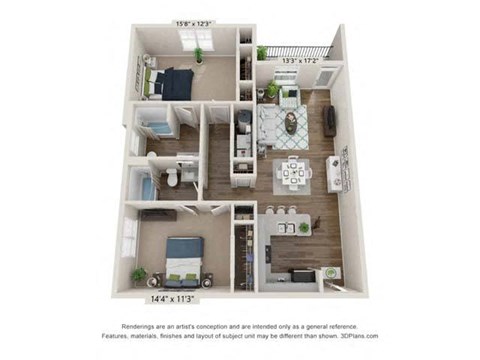 Floor plan for 2 beds, 2 baths, 1160 sqft