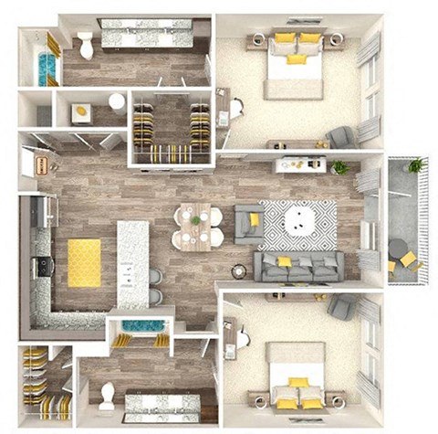 Floor plan for 2 beds, 2 baths, 1134 sqft