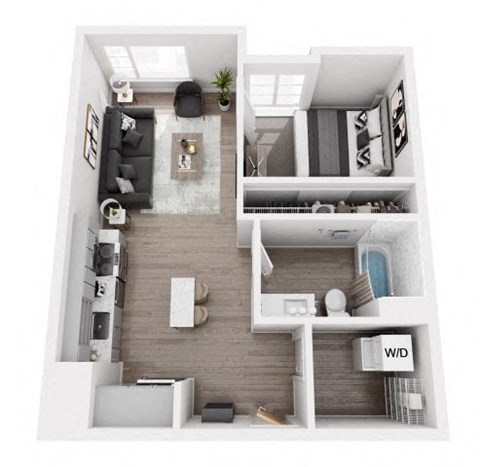 Floor plan for 1 bed, 1 bath, 671 sqft