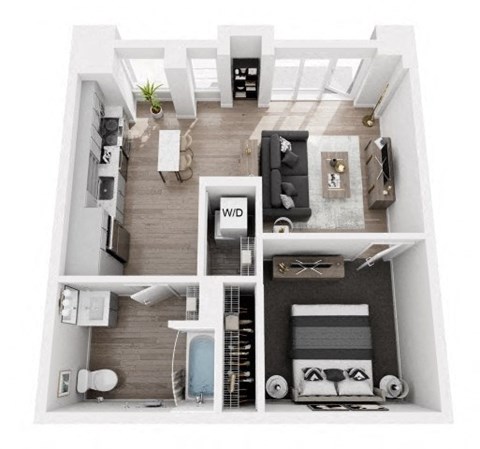 Floor plan for 1 bed, 1 bath, 654 sqft