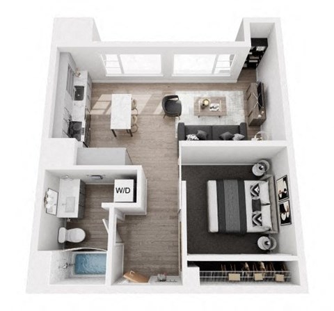 Floor plan for 1 bed, 1 bath, 588 sqft