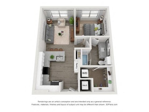 Floor plan for 1 bed, 1 bath, 650 sqft