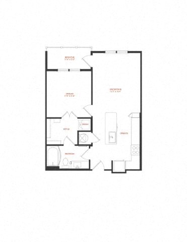 Floor plan for 1 bed, 1 bath, 665 sqft