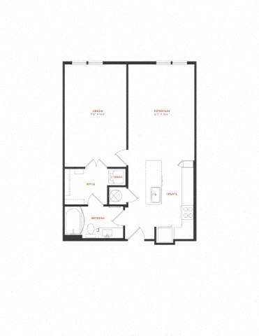 Floor plan for 1 bed, 1 bath, 665 sqft