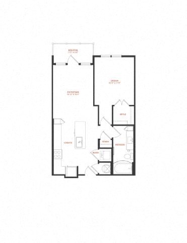 Floor plan for 1 bed, 1 bath, 702 sqft