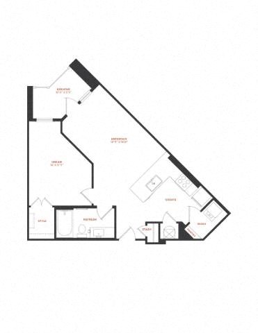 Floor plan for 1 bed, 1 bath, 723 sqft