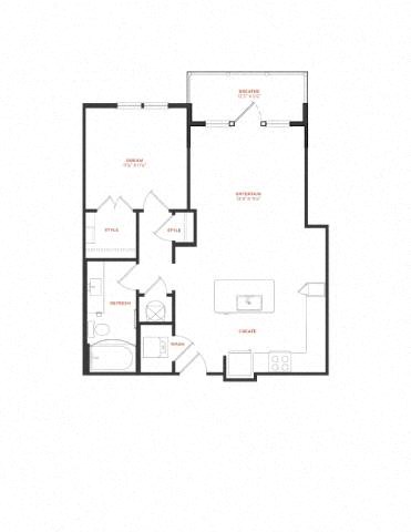 Floor plan for 1 bed, 1 bath, 751 sqft