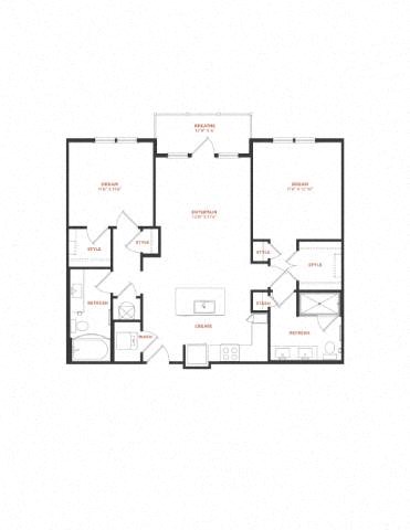 Floor plan for 2 beds, 2 baths, 1074 sqft