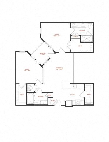 Floor plan for 2 beds, 2 baths, 1030 sqft