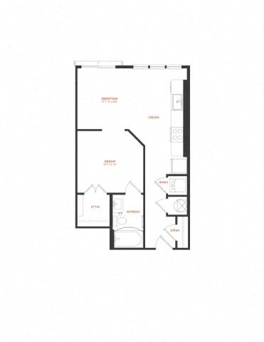 Floor plan for studio, 1 bath, 620 sqft