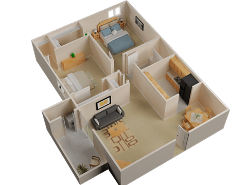 Floor plan for 2 beds, 1 bath, 840 sqft