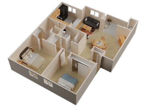 Floor plan for 2 beds, 2 baths, 1000 sqft