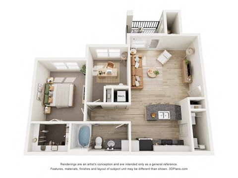 Floor plan for 1 bed, 1 bath, 867 sqft