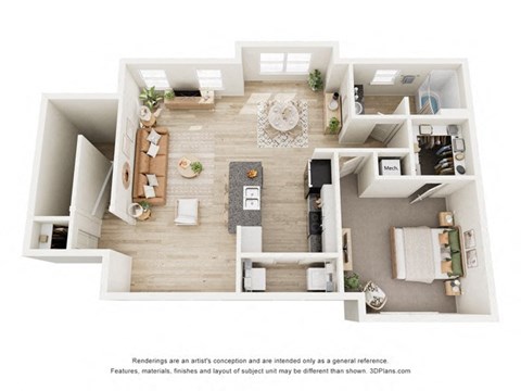 Floor plan for 1 bed, 1 bath, 980 sqft