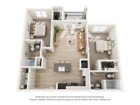 Floor plan for 2 beds, 2 baths, 1123 sqft