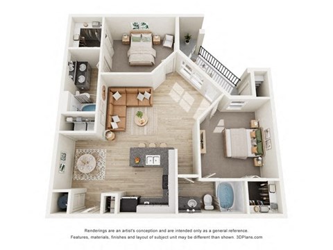 Floor plan for 2 beds, 2 baths, 1126 sqft