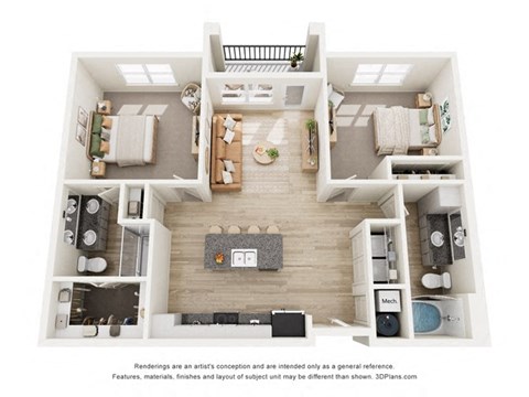 Floor plan for 2 beds, 2 baths, 1094 sqft