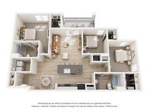 Floor plan for 3 beds, 2 baths, 1360 sqft
