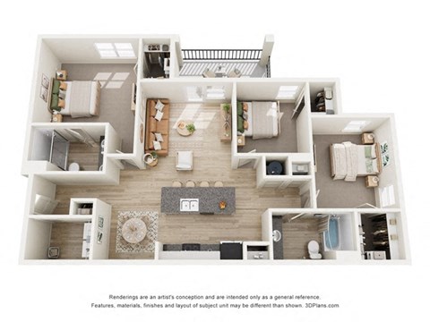 Floor plan for 3 beds, 2 baths, 1360 sqft