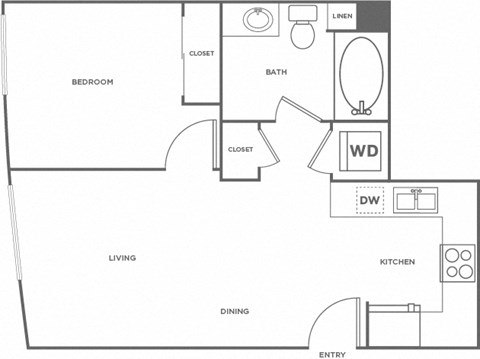 Floor plan for 1 bed, 1 bath, 576 sqft