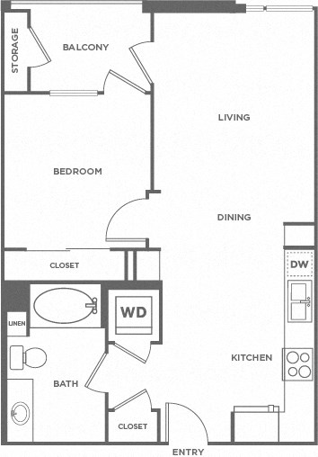 Floor plan for 1 bed, 1 bath, 650 sqft