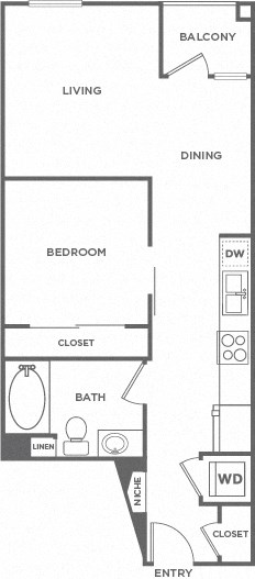 Floor plan for 1 bed, 1 bath, 662 sqft