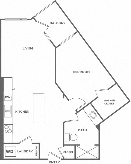 Floor plan for 1 bed, 1 bath, 703 sqft