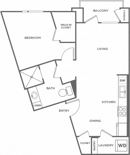 Floor plan for 1 bed, 1 bath, 726 sqft