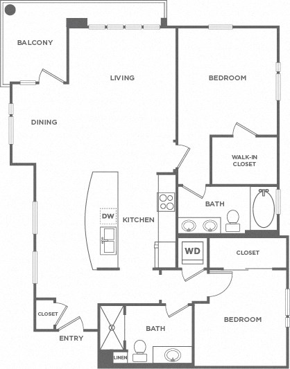 Floor plan for 2 beds, 2 baths, 1244 sqft