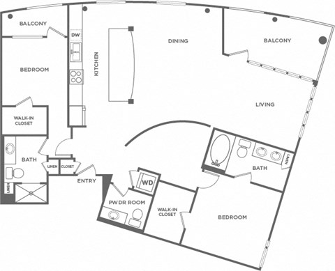 Floor plan for 2 beds, 2.5 baths, 1634 sqft